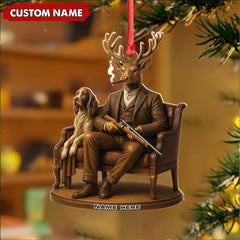 Maxcorners Personalized Acrylic Deer Christmas Ornament - Elegant Hunter Buck with Dog Holding Rifle Holiday Decor 2D Flat