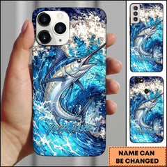 Maxcorners Marlin Jumping Out Of Ocean Wave Blue Splash Art Personalized Name Phone Case