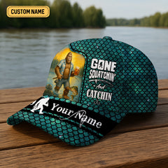 Maxcorners Gone Squatchin' And Catchin, Fishing Hook Hat, Fishing Trucker Hat, Fishing Cap For Men, Fishing Gifts For Dad