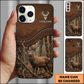 Maxcorners Artist Hunting Deer Zipper Leather Dark Brown Autumn Forest Personalized Name Phone Case