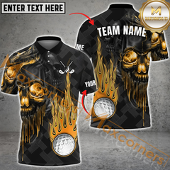 Maxcorners Golf Fire Ball Skull Multicolor Option Customized Name, Team Name 3D Polo Shirt