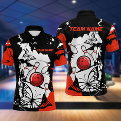 Maxcorners Custom Red Butterflies Bowling Shirt for Men Women Team Bowling Polo&Quater Zip LM184