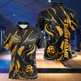 Maxcorners Custom Black And Gold Dragon Bowling Team Polo Shirts For Men, Dragon Bowling Jerseys