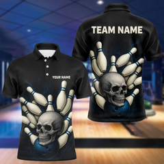 Maxcorners Black and Blue Skull Bowling Ball and Pins Bowling Shirts For Men Custom skull team bowling jerseys LM154