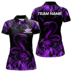 Maxcorners Custom Black And Purple Flame Cobra Snake Bowling Men Polo Shirts, Bowling League Shirt LM154