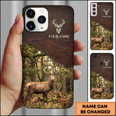 Maxcorners Artist Hunting Deer Zipper Leather Dark Brown Sunlit Forest Personalized Name Phone Case