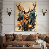 Maxcorners Watercolor Deer Canvas Art - Teal and Orange Forest Silhouette