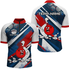 Maxcorners Red Blue & White Crazy Bowling Ball Pin Men Bowling Team Shirt Bowling League Jersey LM1112