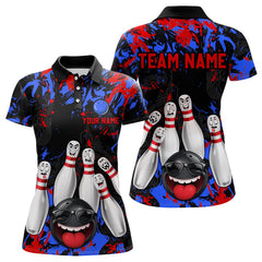 Maxcorners Red Blue Funny Bowling Team Shirt for Men Custom Bowling League Jersey Polo & 1/4 Zip Bowler Outfit LM2509