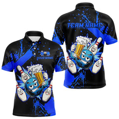 Maxcorners Custom Blue Funny Beer Bowling Shirt for Men Bowling League Jersey Polo 1/4 Zip Bowling Outfit LM1812