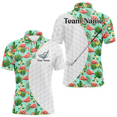 Maxcorners Custom Mens Golf Polo Shirt Green Tropical Pink Flamingo Pattern Personalized Team Golf Top LM1112