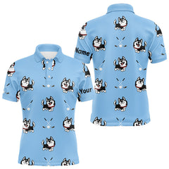 Maxcorners Funny Husky Mens Golf Polo Shirt Custom Blue Golf Clubs Pattern Golf Team Shirt, Dog Lover Gift