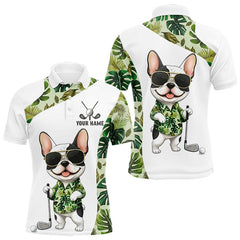 Maxcorners Green Tropical Pattern Mens Golf Polo Shirts Custom Cute Bulldog Golf Tops, White Golf Outfit For Men TU2212