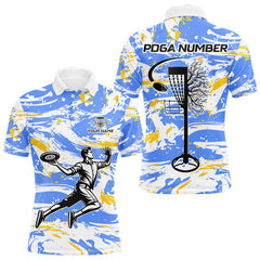 Maxcorners Camo Mens Disc Golf Polo Shirt Custom Name Blue Yellow Disc Golf Basket Apparel Team Disc Golf Outfit