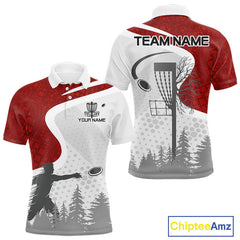Maxcorners Mens Disc Golf Polo Shirt Custom Name White And Red Disc Golf Basket Personalized Disc Golf Shirts