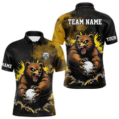 Maxcorners Mens Golf Polo Shirts Custom Yellow And Black Grunge Pattern With Bear Grasping Golf Ball Apparel LM1812