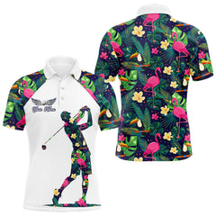 Maxcorners Funny Mens Golf Polo Shirt Custom Floral Tropical Leaf Pattern Flamingo Golf Shirt For Men LM1501