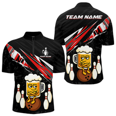 Maxcorners Custom Red Funny Beer Bowling Jersey for Men Bowling Team Shirts Polo & 1/4 Zip LM1112
