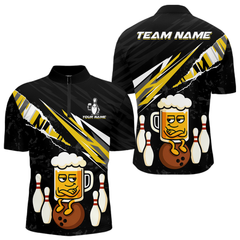 Maxcorners Custom Yellow Funny Beer Bowling Jersey for Men Bowling Team Shirts Polo & 1/4 Zip LM1112
