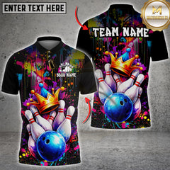 Maxcorners Bowling Crown Pins Graffiti Splash Art Multicolor Customized Name, Team Name 3D Shirt