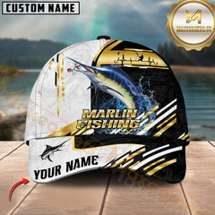 Maxcorners Marlin Fishing Black White Gold Premium Pattern Sport Pattern Personalized Name 3D Cap MT78