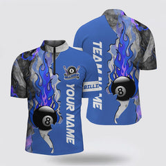 MaxCorners Billiard 8 Ball Fire Smoke Blue Jerseys Customized Name And Team Name 3D Zip Polo Shirt For Men