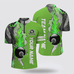 MaxCorners Billiard 8 Ball Fire Smoke Green Jerseys Customized Name And Team Name 3D Zip Polo Shirt For Men