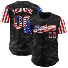 Maxcorners Custom Camo USA Flag Black-Red 3D Premium Salute To Service Baseball Jersey LM0210