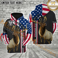 Maxcorners Elk Hunting USA Flag Grey Leather Pattern Custom Name Shirt 3D All Over Printed Clothes