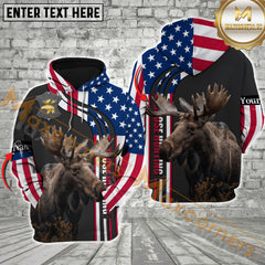 Maxcorners Moose Hunting USA Flag Grey Leather Pattern Custom Name Shirt 3D All Over Printed Clothes