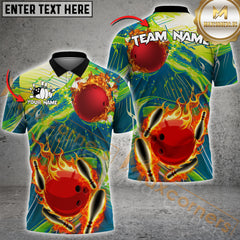 Maxcorners Bowling Ball & Pins Flame Pattern Jersey Style Personalized Name, Team Name 3D Polo Shirt (4 Colors)