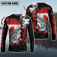 Maxcorners Pike Fishing Black Canada Flag Pattern Sport Custom Name & Team Name 3D Shirts