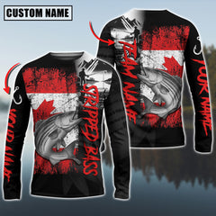 Maxcorners Stripped Bass Fishing Black Canada Flag Pattern Sport Custom Name & Team Name 3D Shirts