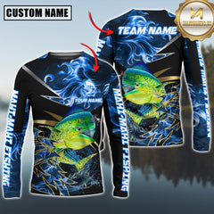 Maxcorners Mahi-Mahi Fishing Blue Flame Premium Golden & Silver Line Pattern Sport Jersey Personalized Name, Team Name Long Sleeve Shirt