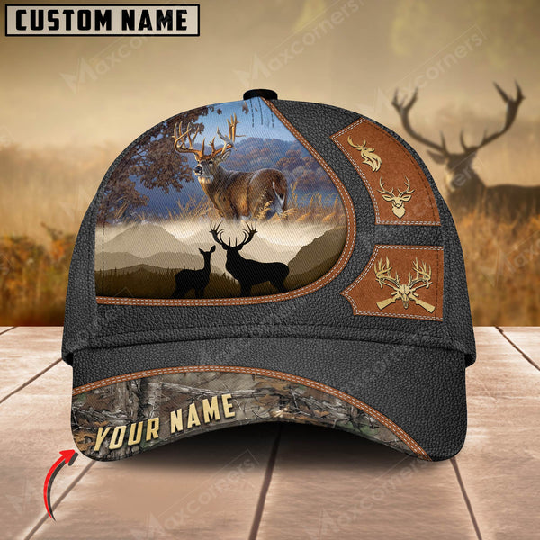 Maxcorners Epic Premium Deer Hunting Art Black Leather Pattern Personalized Cap 3D Multicolored