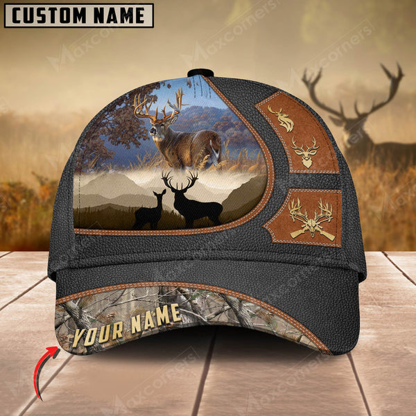 Maxcorners Epic Premium Deer Hunting Art Black Leather Pattern Personalized Cap 3D Multicolored