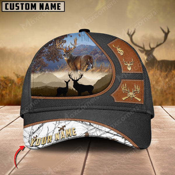 Maxcorners Epic Premium Deer Hunting Art Black Leather Pattern Personalized Cap 3D Multicolored