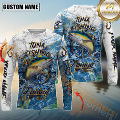 Maxcorners Tuna Fishing Ocean Splash Design Personalized Name, Team Name Long Sleeve Shirt
