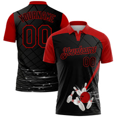 MaxCorners Black And Red Pattern Customized Name 3D Bowling Polo Shirt For Men