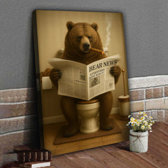 Maxcorners Grizzly Bear Bathroom Canvas – Funny Cabin Decor with Bear Hunting on Toilet Reading Newspaper - Gift for Outdoorsmen