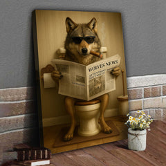 Maxcorners Funny Wolves News Poster Canvas – Hilarious Bathroom Scene with Cool Wolf on Toilet - Gift for Men, Nature Lovers, Hunters