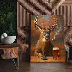 Maxcorners Smoking Deer with Cocktail Glasses Canvas – Funny Hunting Wall Art for Man Caves