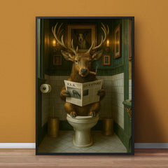 Maxcorners Funny Elk Bathroom Canvas – Smoking-Smoking Deer Reading Newspaper on Toilet - Rustic Cabin Wall Art for Hunters