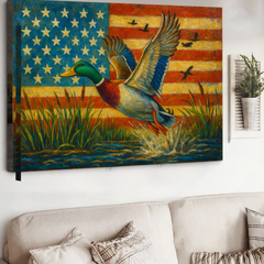 Maxcorners Duck Hunting Canvas – Mallard Flying with American Flag Rustic Wall Art for Hunters, Man Cave & Cabin Décor