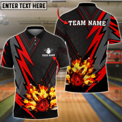 Maxcorners Bowling Ball And Pins Flame Red Thunder Pattern Premium Customized Name 3D Shirt