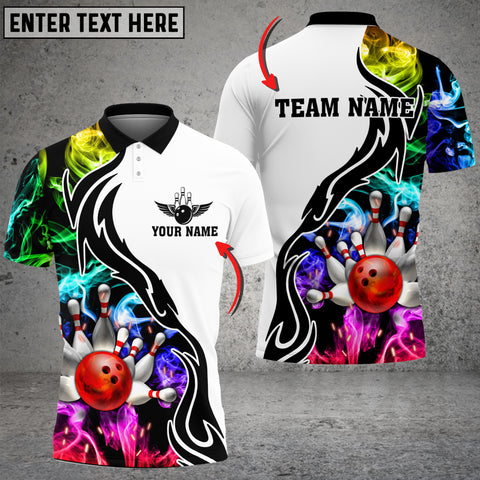 Maxcorners Bowling And Pins Multicolor Smoke Pattern Customized Name 3D Polo Shirt