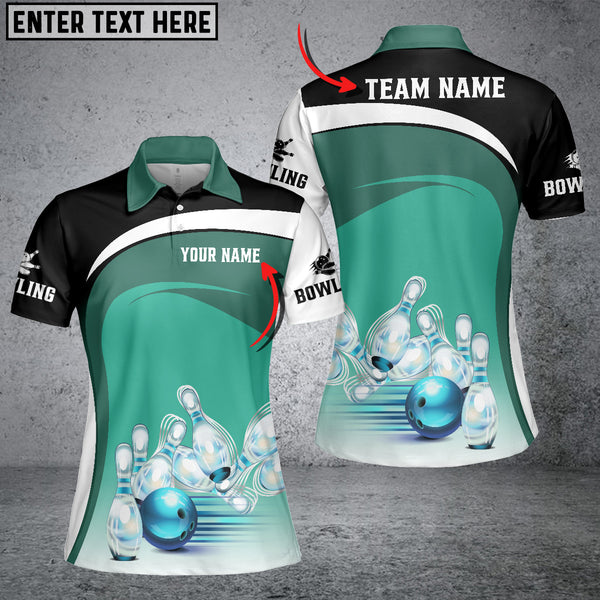 Maxcorners Light Green Bowling Ball And Pins Premium Customized Name 3D Shirt For Women