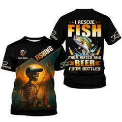 Maxcorners Fish And Beer, Skeleton Fishing, Funny Fishing Shirts, SPF Shirts For Men, Long Sleeve Tops