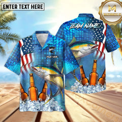 Maxcorners Tuna Fishing USA Flag Blue Beer Pattern Sport Jersey Personalized Name, Team Name Hawaiian Shirt