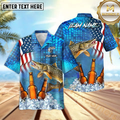 Maxcorners Pike Fishing USA Flag Blue Beer Pattern Sport Jersey Personalized Name, Team Name Hawaiian Shirt
